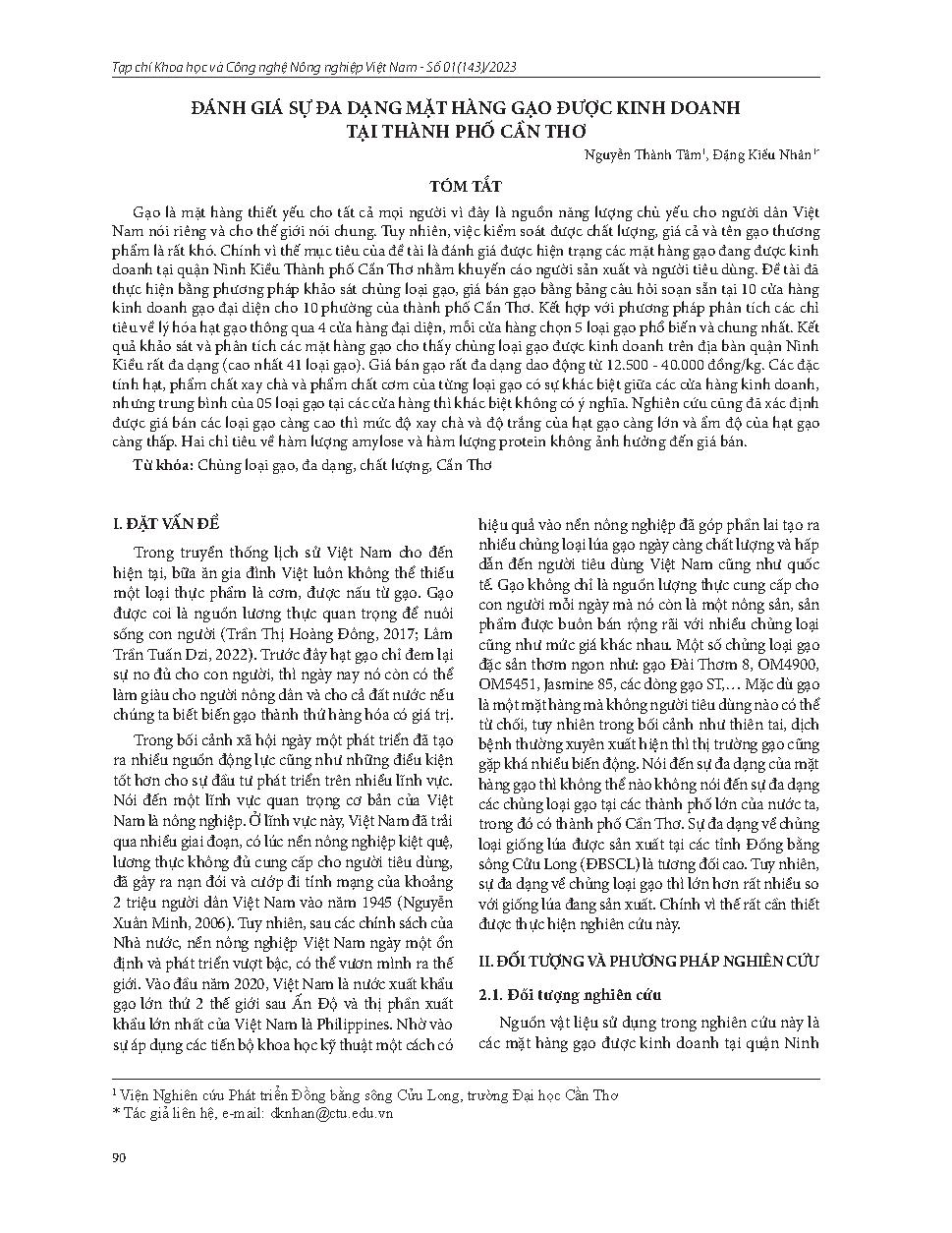 Đánh giá sự đa dạng mặt hàng gạo được kinh doanh tại thành phố Cần Thơ = Assessment of trading rice diversity in Can Tho city