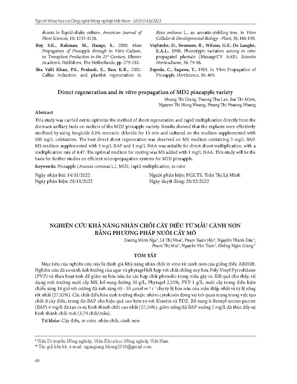 Nghiên cứu khả năng nhân chồi cây điều từ mẫu cành non bằng phương pháp nuôi cấy mô = Study on in vitro shoot proliferation using young branches of cashew