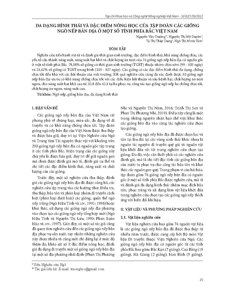Đa dạng hình thái và đặc điểm nông học của tập đoàn các giống ngô nếp bản địa ở một số tỉnh phía Bắc Việt Nam = Evaluation of morphological diversity and agronomic characteristics of local waxy maize varieties from Northern provinces of Vietnam