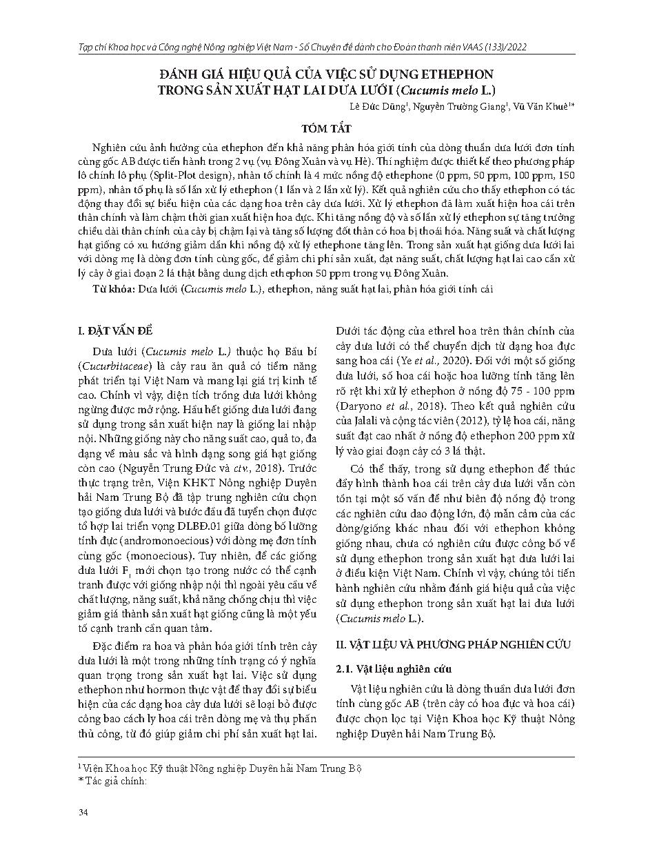 Đánh giá hiệu quả của việc sử dụng ethephon trong sản xuất hạt lai dưa lưới (Cucumis melo L.) = Efficiency of ethephon treatment for melon (Cucumis melo L.) hybrid seed production