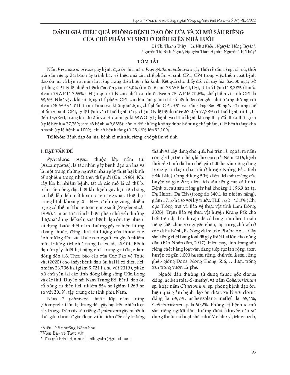 Đánh giá hiệu quả phòng bệnh đạo ôn lúa và xì mủ sầu riêng của chế phẩm vi sinh ở điều kiện nhà lưới = Evaluation of the prevention efficiency against rice blast and durian oozinggummosis disease by microbial preparation under net house condition