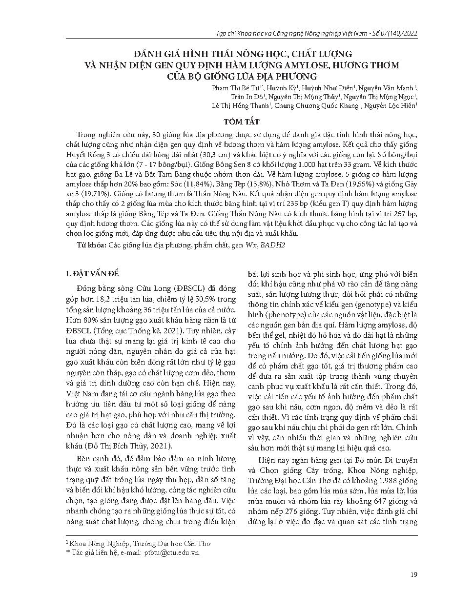 Đánh giá hình thái nông học, chất lượng và nhận diện gen quy định hàm lượng amylose, hương thơm của bộ giống lúa địa phương = Evaluation of agromorphological characteristics, grain quality and identification of genes conferring amylose content and aroma o