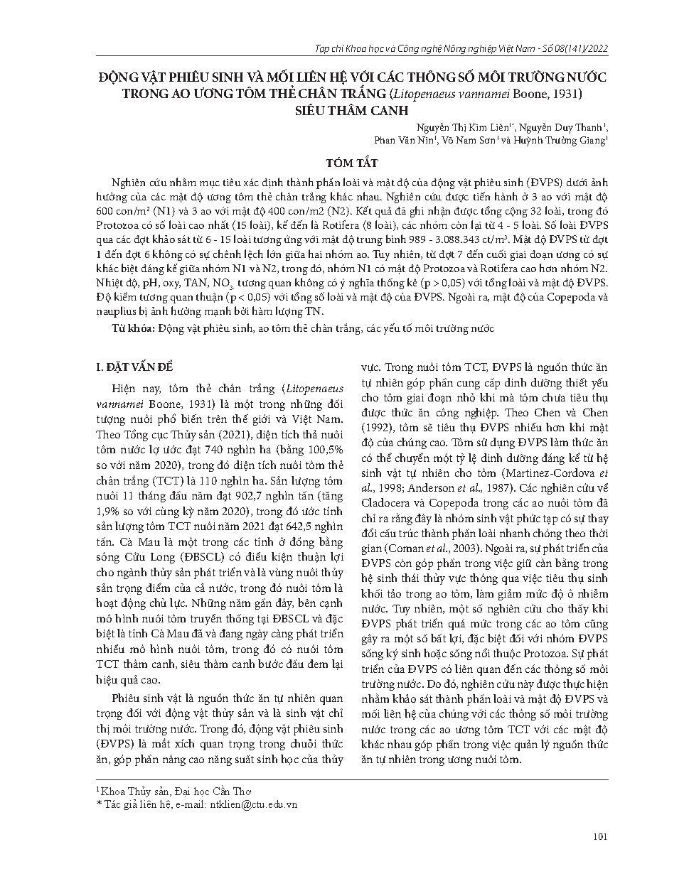 Động vật phiêu sinh và mối liên hệ với các thông số môi trường nước trong ao ương tôm thẻ chân trắng (Litopenaeus vannamei Boone, 1931) siêu thâm canh = Zooplankton and its relationship with water environment parameters in super-intensive whiteleg shrimp 