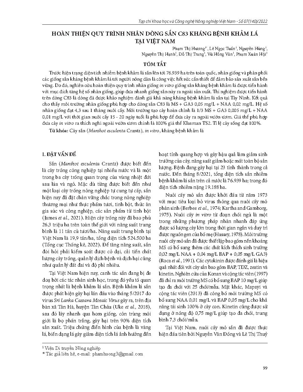 Hoàn thiện quy trình nhân dòng sắn C83 kháng bệnh khảm lá tại Việt Nam = Completing shoot multiplication protocol of cassava mosaic disease-resistant clone C83 in Vietnam