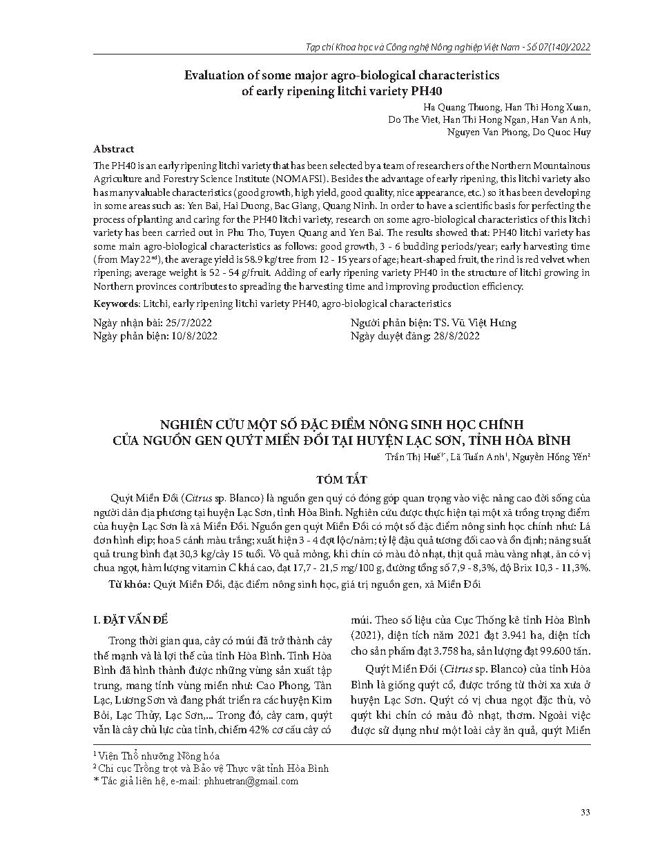 Nghiên cứu một số đặc điểm nông sinh học chính của nguồn gen quýt Miền Đồi tại huyện Lạc Sơn, tỉnh Hòa Bình = Study on main agro-biological characteristics of Mien Doi mandarin variety in Lac Son district, Hoa Binh province