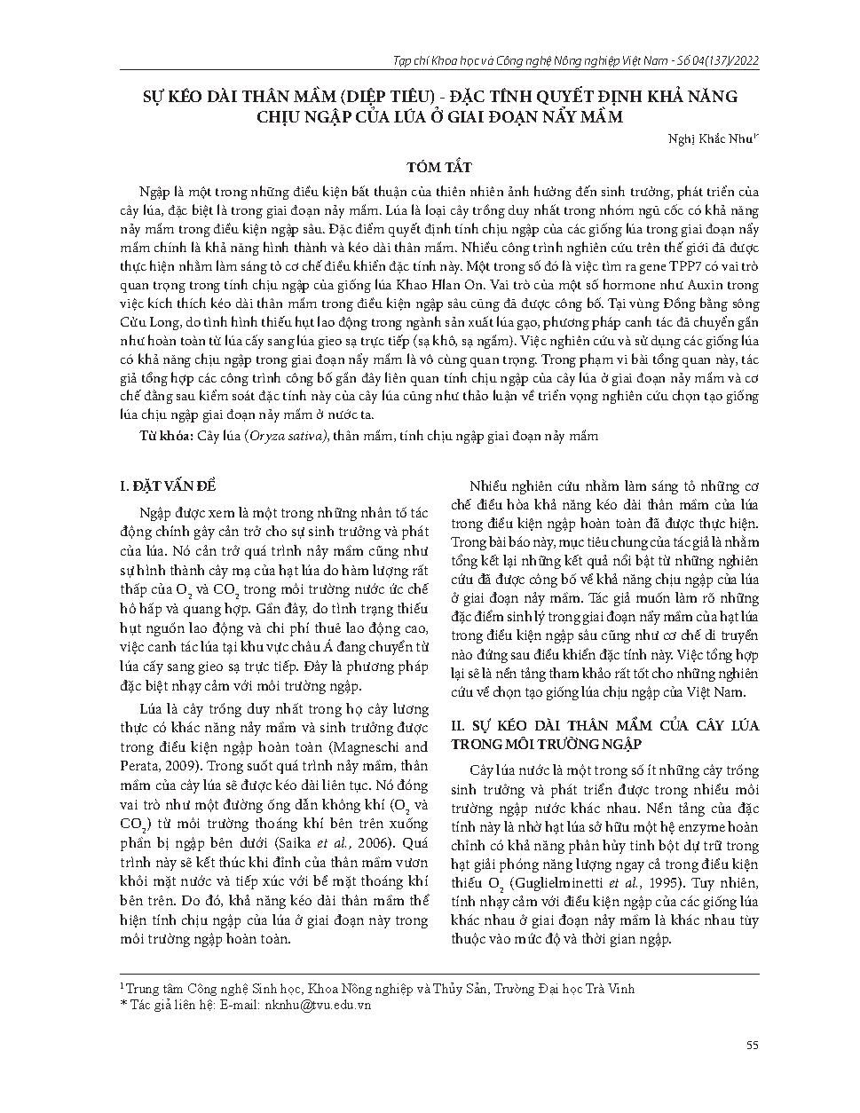 Sự kéo dài thân mầm (diệp tiêu) - đặc tính quyết định khả năng chịu ngập của lúa ở giai đoạn nẩy mầm = Coleoptile elongation - characteristics determining the ability of rice anaerobic germination tolerance
