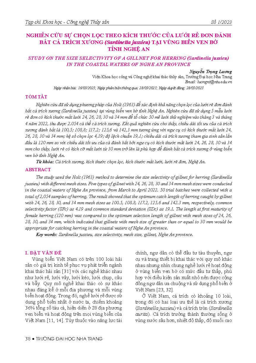 Nghiên cứu sự chọn lọc theo kích thước của lưới rê đơn đánh bắt cá trích xương (Sardinella jussieu) tại vùng biển ven bờ tỉnh Nghệ An = Study on the size selectivity of a gillnet for herring (sardinella jussieu) in the coastal waters of nghe an province