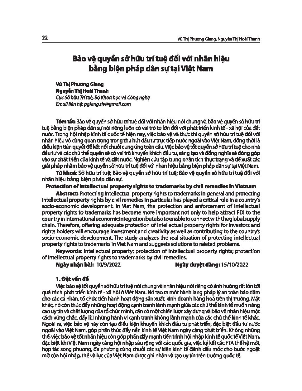 Bảo vệ quyền sở hữu trí tuệ đối với nhãn hiệu bằng biện pháp dân sự tại Việt Nam = Protection of intellectual property rights to trademarks by civil remedies in Vietnam