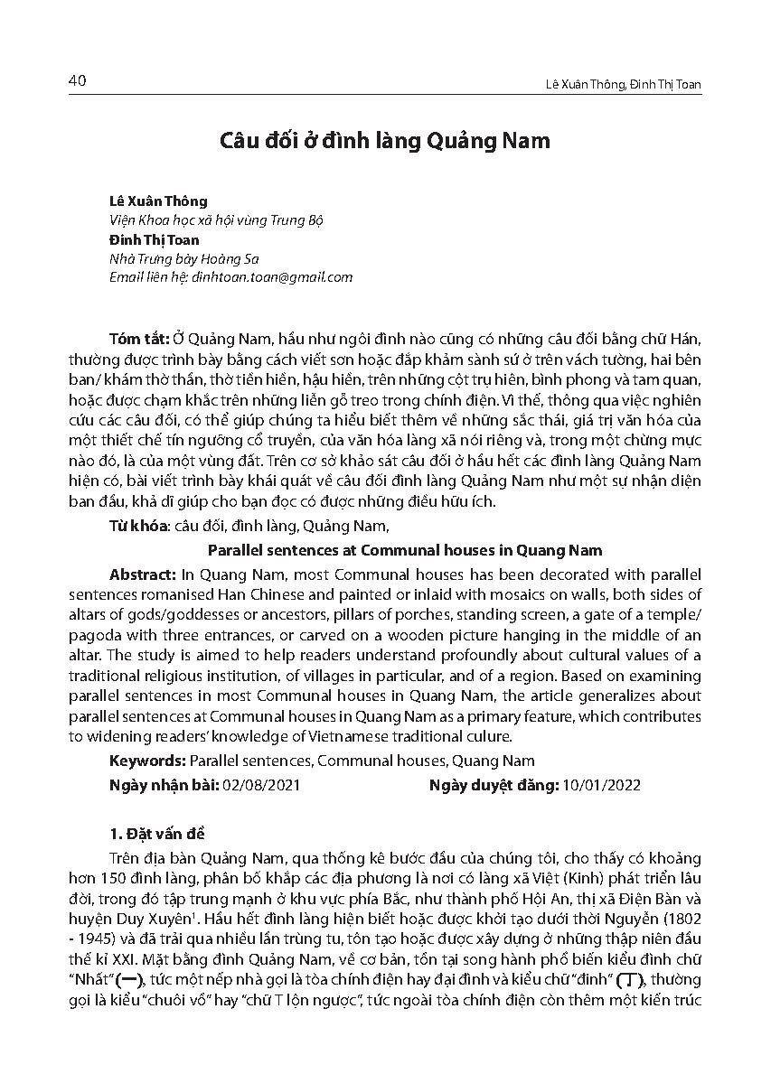 Câu đối ở đình làng Quảng Nam = Parallel sentences at Communal houses in Quang Nam