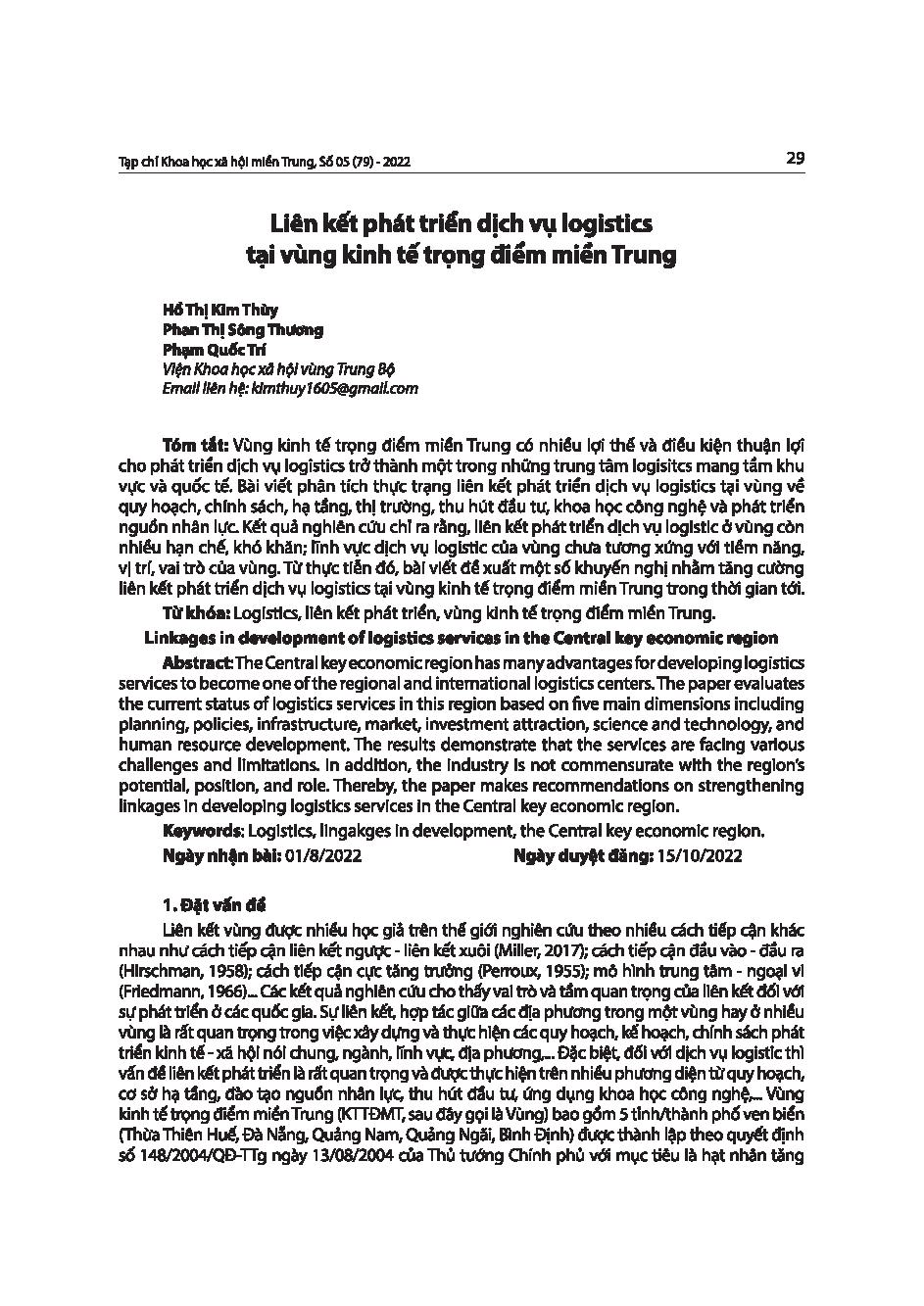 Liên kết phát triển dịch vụ logistics tại vùng kinh tế trọng điểm miền Trung = Linkages in development of logistics services in the Central key economic region