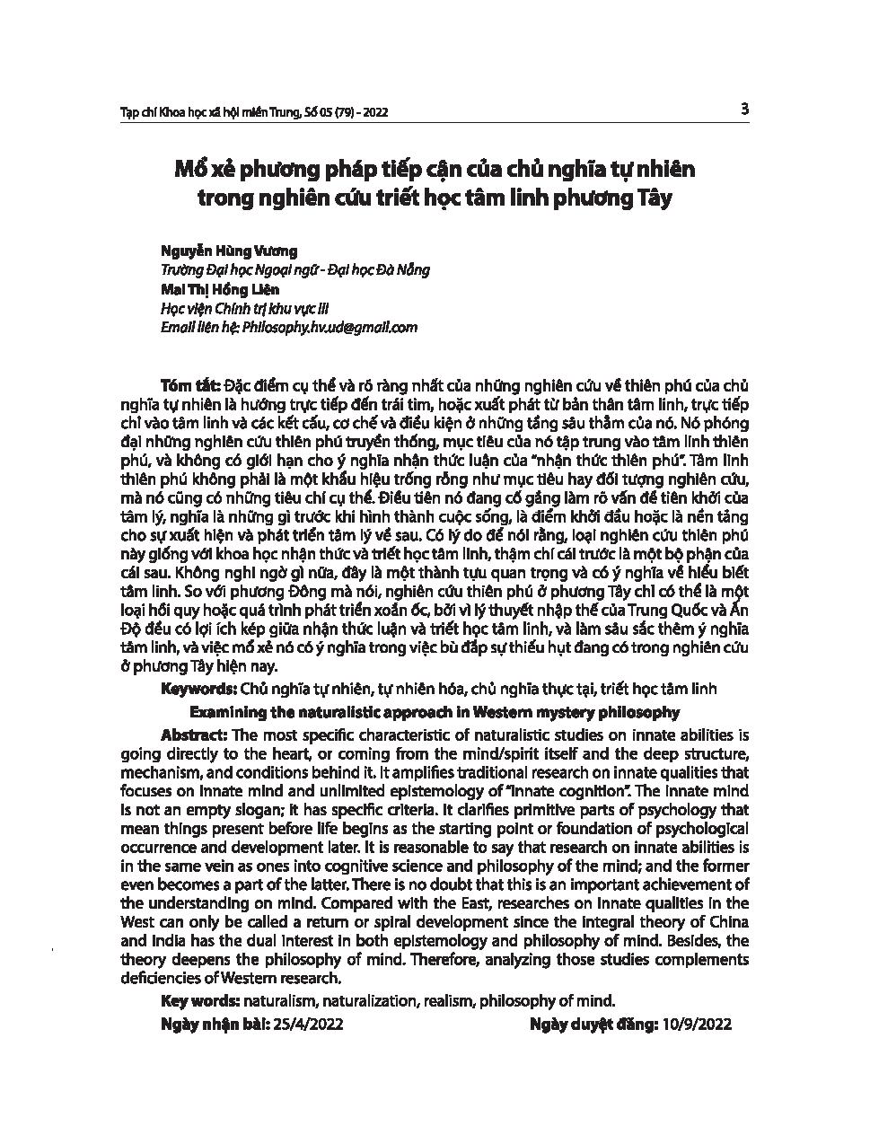 Mổ xẻ phương pháp tiếp cận của chủ nghĩa tự nhiên trong nghiên cứu triết học tâm linh phương Tây = Examining the naturalistic approach in Western mystery philosophy