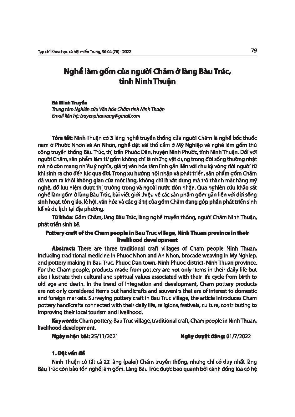 Nghề làm gốm của người Chăm ở làng Bàu Trúc, tỉnh Ninh Thuận = Pottery craft of the Cham people in Bau Truc village, Ninh Thuan province in their livelihood development