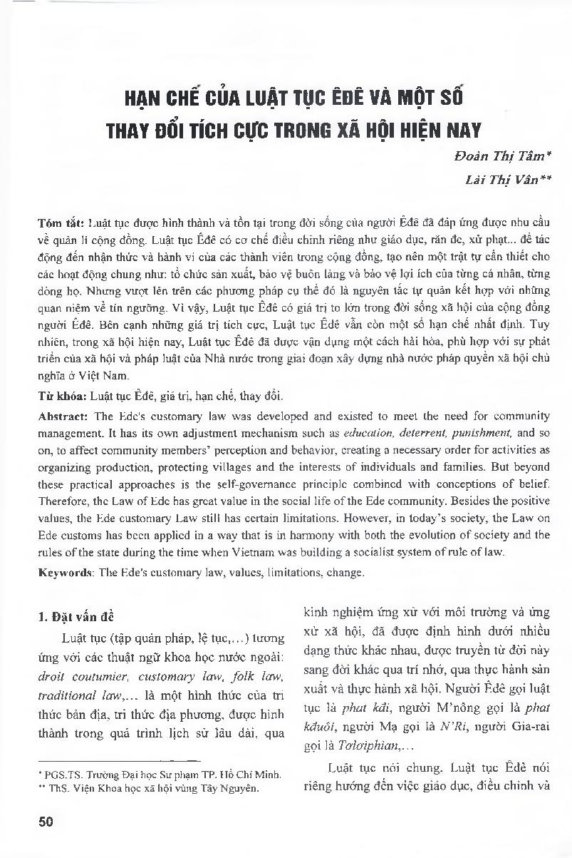 Hạn chế của Luật tục Êđê và một số thay đổi tích cực trong xã hội hiện nay = Limitations of the Ede customary law and some positive changes in today's society