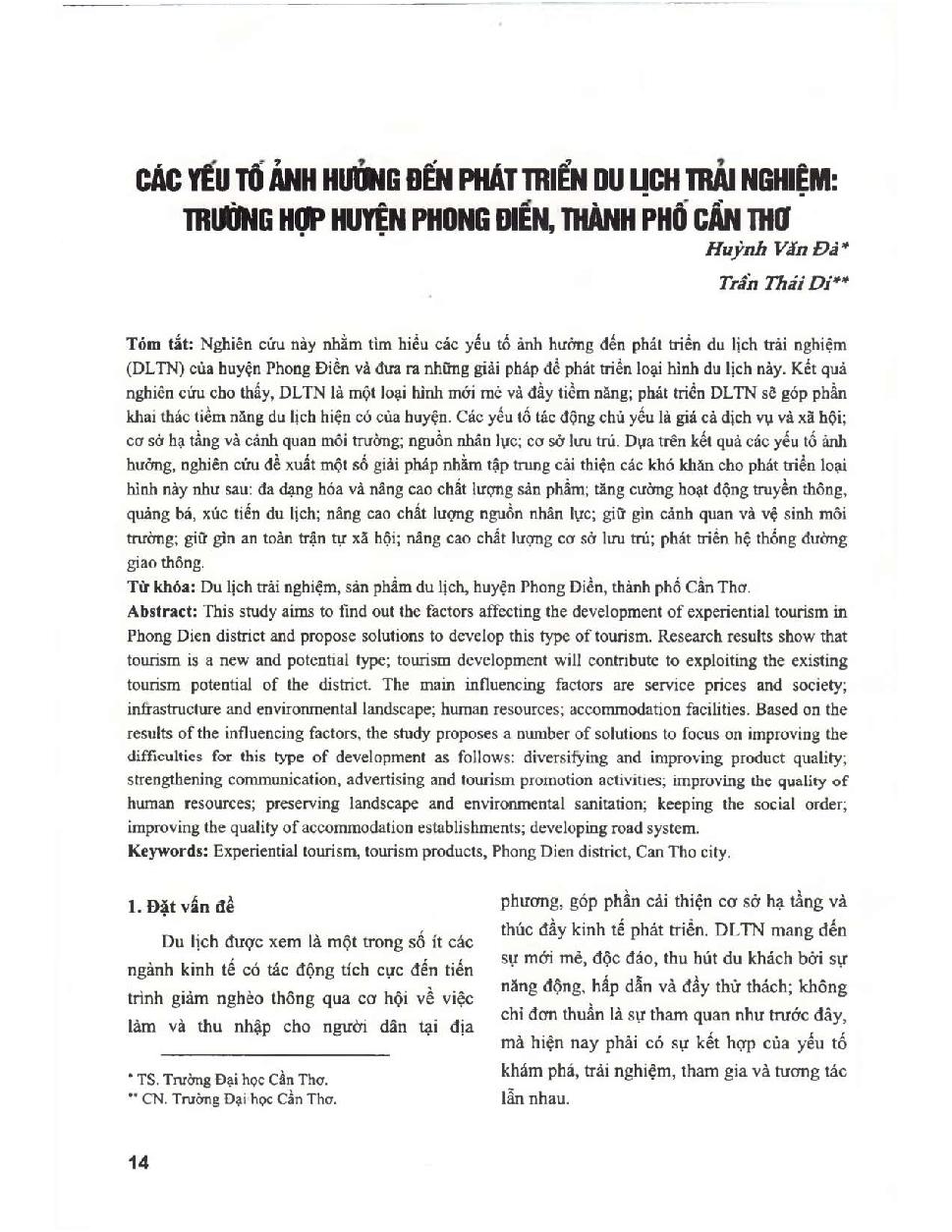 Các yếu tố ảnh hưởng đến phát triển du lịch trải nghiệm: Trường hợp huyện Phong Điền, thành phố cần Thơ = Factors affecting the development of experience tourism: The case of Phong Dien district, Can Tho city