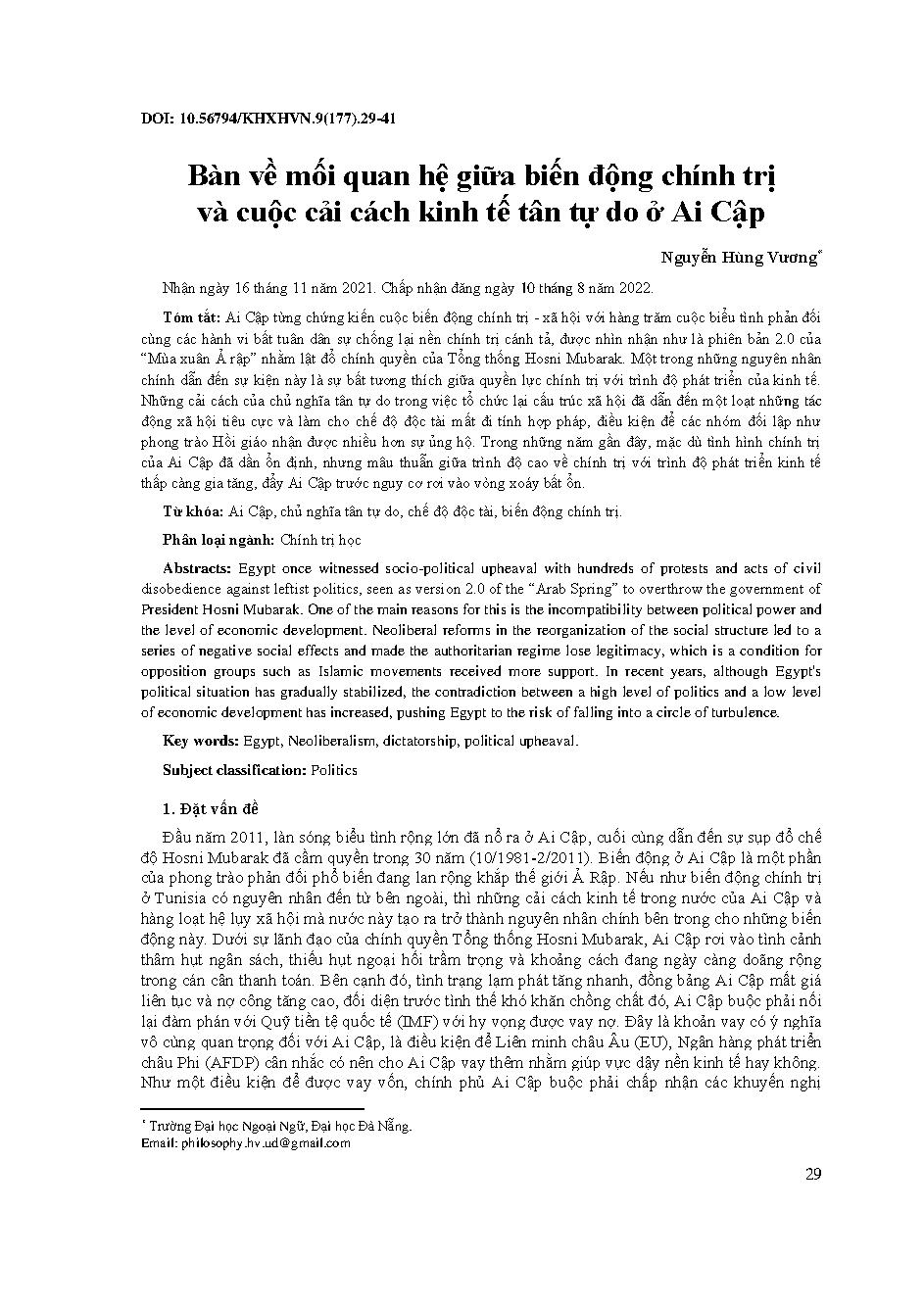 Bàn về mối quan hệ giữa biến động chính trị và cuộc cải cách kinh tế tân tự do ở Ai Cập = Discuss the relationship between political upheaval and the neoliberal economic reform in Egypt