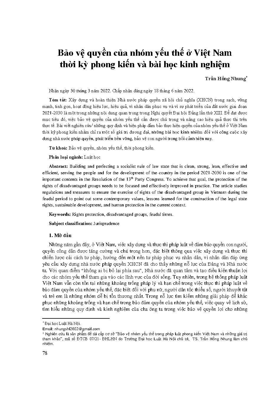 Bảo vệ quyền của nhóm yếu thế ở Việt Nam thời kỳ phong kiến và bài học kinh nghiệm = Protection of rights of disadvantaged groups in feudal Vietnam and lessons drawn