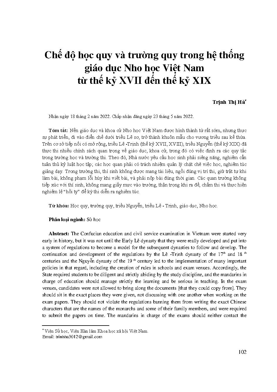 Chế độ học quy và trường quy trong hệ thống giáo dục Nho học Việt Nam từ thế kỷ XVII đến thế kỷ XIX = Regulations on learning and examinations in Vietnam’s system of confucian education from 17th to 19th centuries
