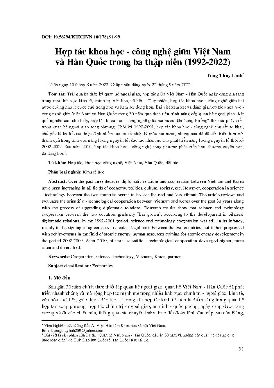 Hợp tác khoa học - công nghệ giữa Việt Nam và Hàn Quốc trong ba thập niên (1992-2022) = Science - technology cooperation between Vietnam and Korea for three decades (1992-2022)