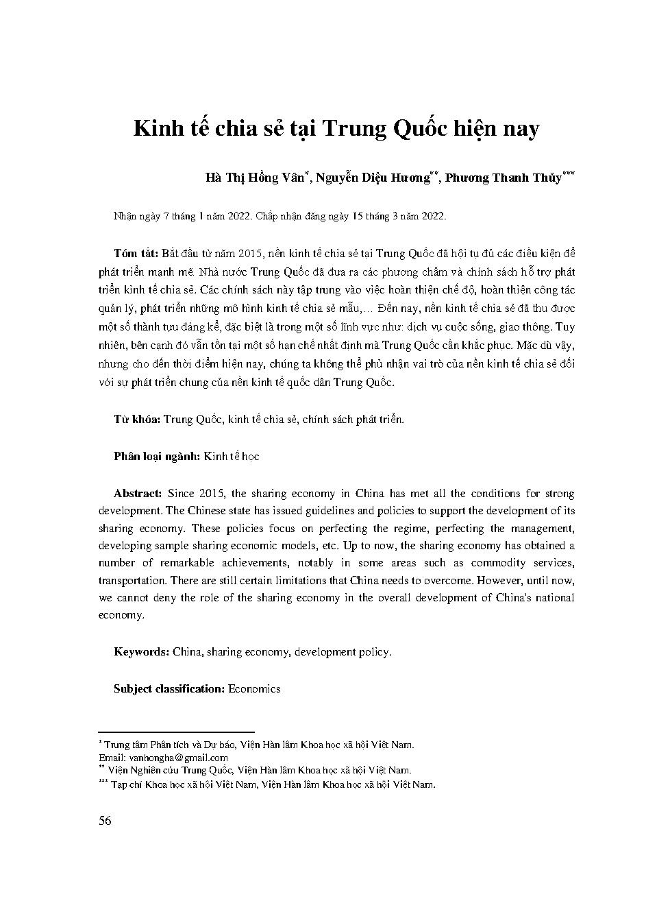 Kinh tế chia sẻ tại Trung Quốc hiện nay = Sharing economy in China today