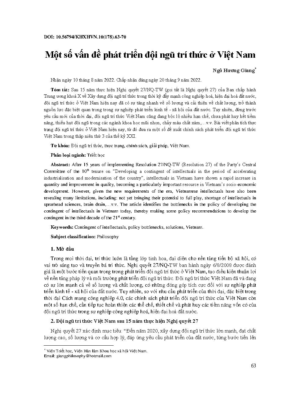 Một số vấn đề phát triển đội ngũ trí thức ở Việt Nam = Some issues of developing intellectuals in Vietnam