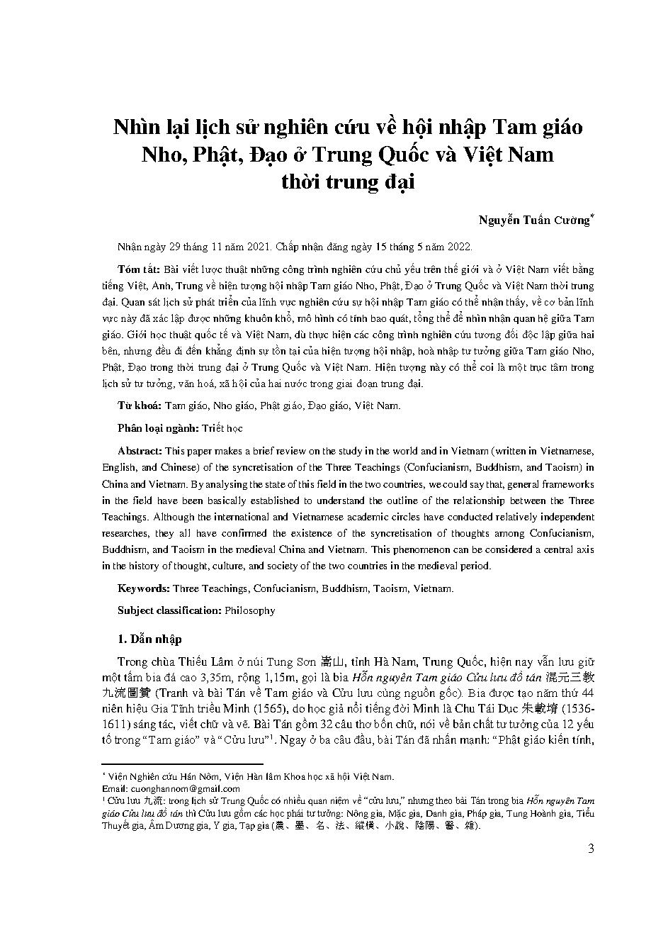 Nhìn lại lịch sử nghiên cứu về hội nhập Tam giáo Nho, Phật, Đạo ở Trung Quốc và Việt Nam thời trung đại = A Review of Study on Syncretisation of Three Teachings of Confucianism, Buddhism and Taoism in Medieval China and Vietnam