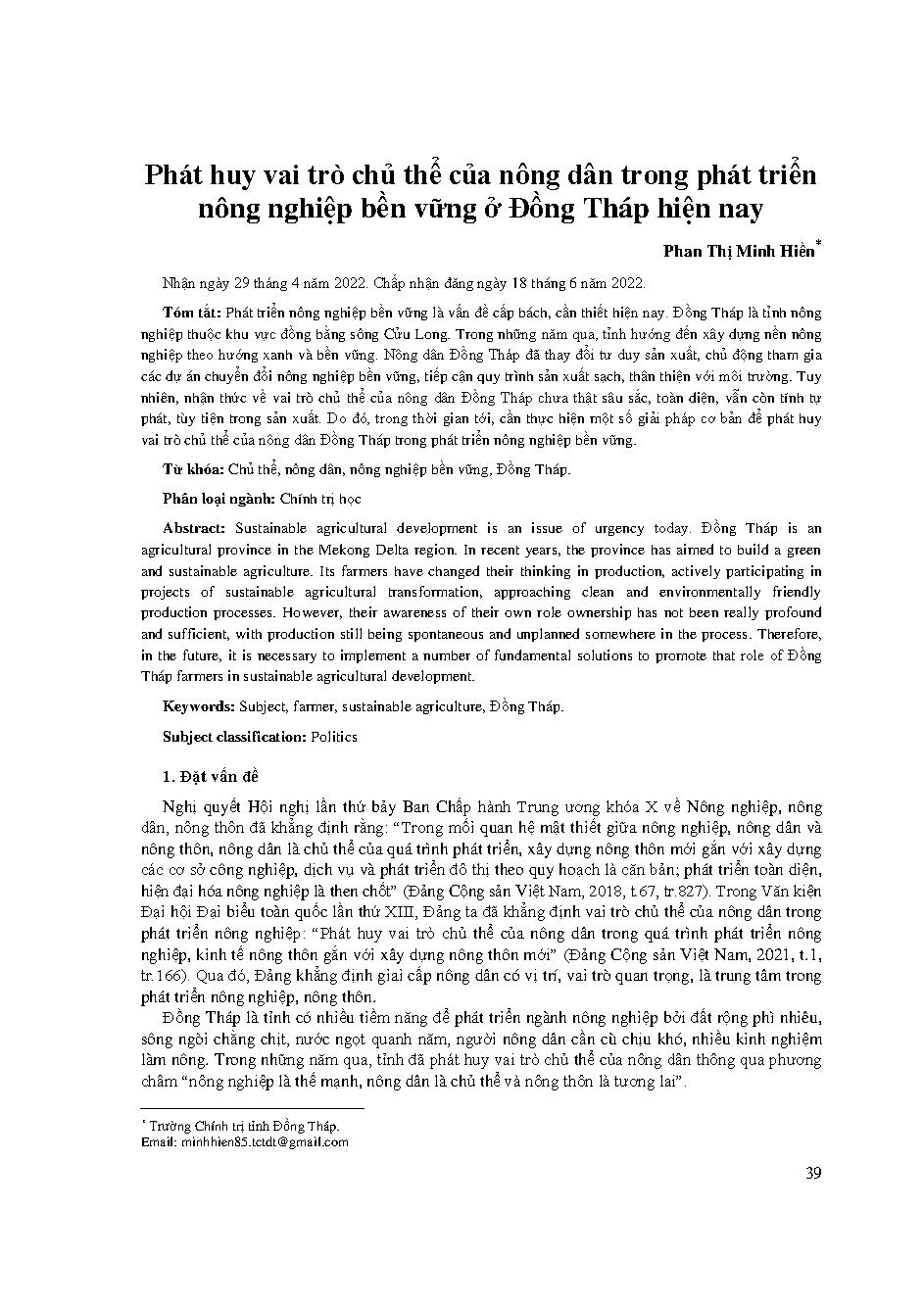 Phát huy vai trò chủ thể của nông dân trong phát triển nông nghiệp bền vững ở Đồng Tháp hiện nay = Bringing farmers’ ownership role into full play in sustainable agricultural development in Đồng Tháp province today