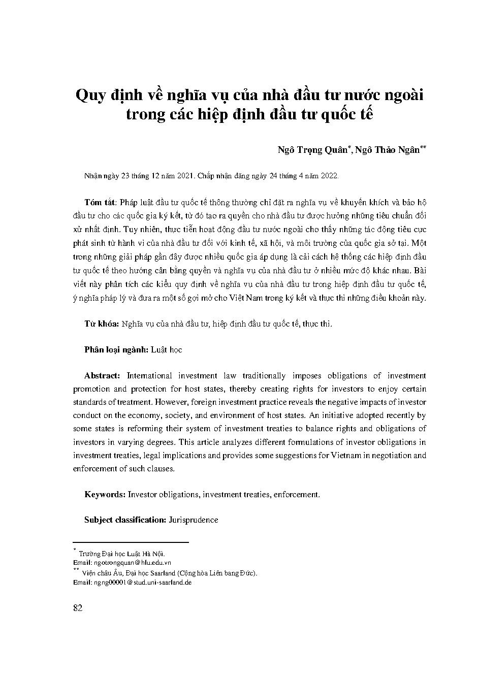 Quy định về nghĩa vụ của nhà đầu tư nước ngoài trong các hiệp định đầu tư quốc tế = Stipulations on foreign investors’ obligations in international agreements on investment