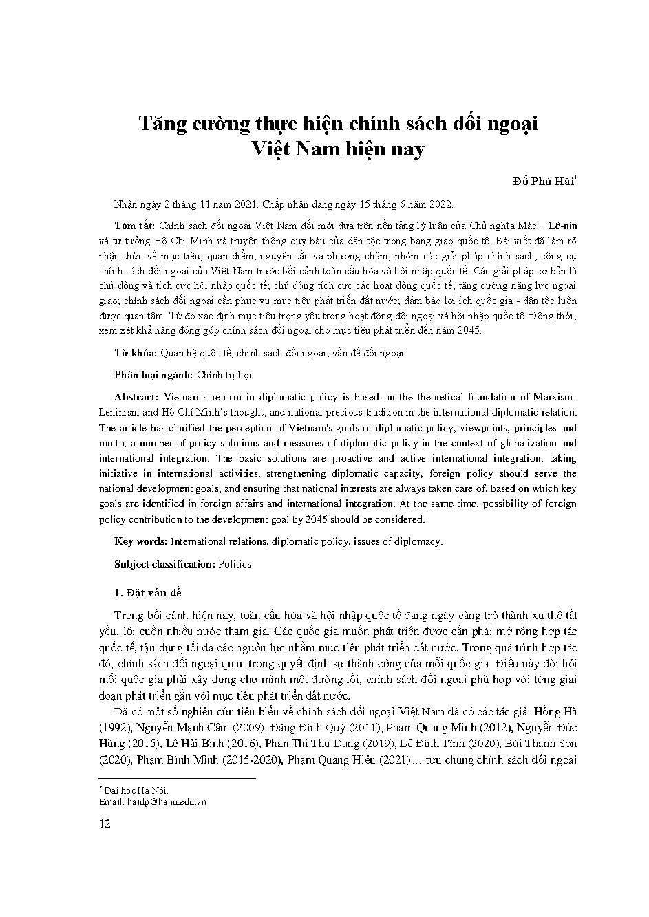 Tăng cường thực hiện chính sách đối ngoại Việt Nam hiện nay = Strengthening Implementation of Vietnam’s Foreign Policy at Present