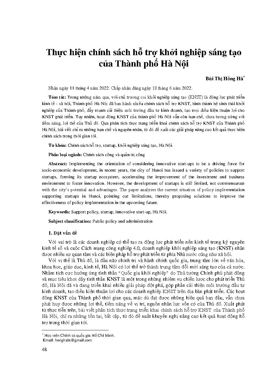 Thực hiện chính sách hỗ trợ khởi nghiệp sáng tạo của Thành phố Hà Nội = Implementing Hanoi city’s policy to support innovative startups