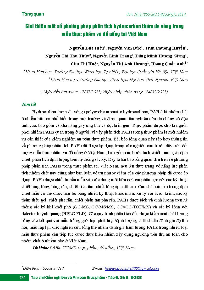 Giới thiệu một số phương pháp phân tích hydrocarbon thơm đa vòng trong mẫu thực phẩm và đồ uống tại Việt Nam = A mini-review on analytical methods for polycyclic aromatic hydrocarbons in Vietnamese food and beverage samples