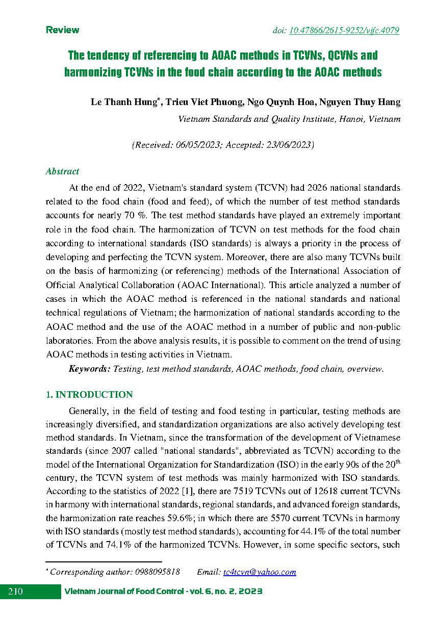 Xu hướng viện dẫn phương pháp AOAC trong TCVN, QCVN và hài hòa TCVN đối với chuỗi thực phẩm theo phương pháp AOAC = The tendency of referencing to AOAC methods in TCVNs, QCVNs and harmonizing TCVNs in the food chain according to the AOAC methods