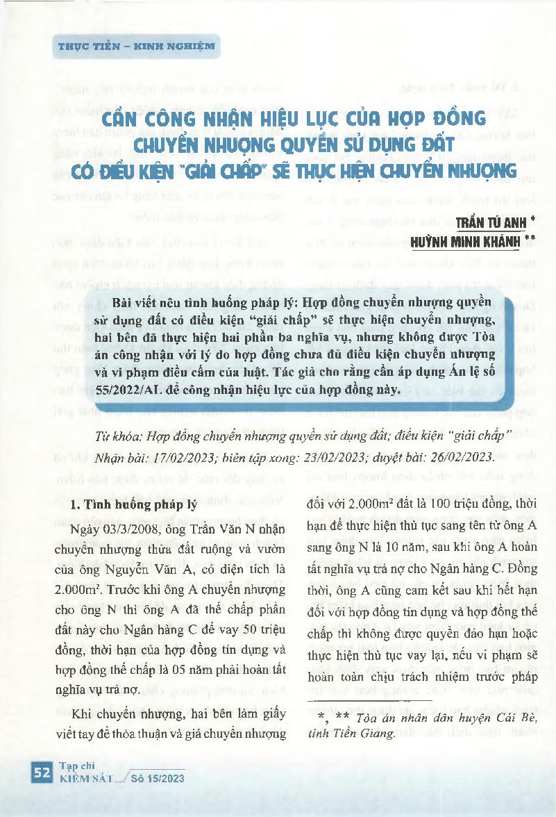 Cần công nhận hiệu lực của hợp đồng chuyển nhượng quyền sử dụng đất có điều kiện "giải chấp" sẽ thực hiện chuyển nhượng