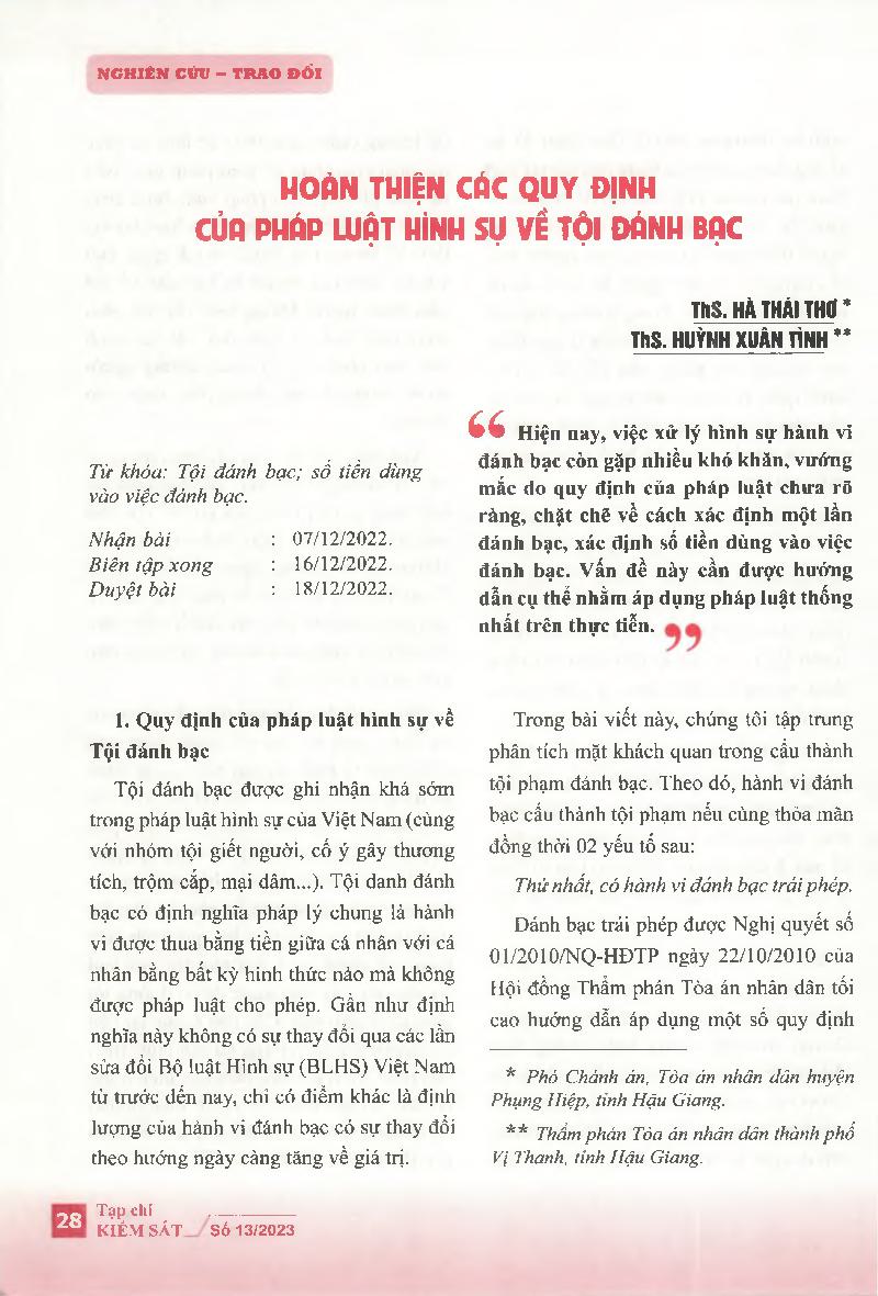 Hoàn thiện các quy định của pháp luật hình sự về Tội đánh bạc