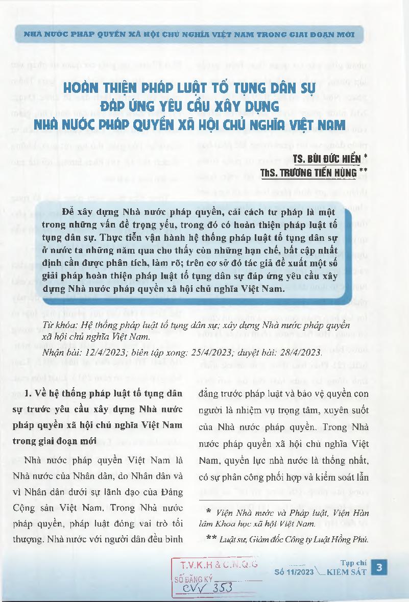 Hoàn thiện pháp luật tố tụng dân sự đáp ứng yêu cầu xây dựng Nhà nước pháp quyền xã hội chủ nghĩa Việt Nam