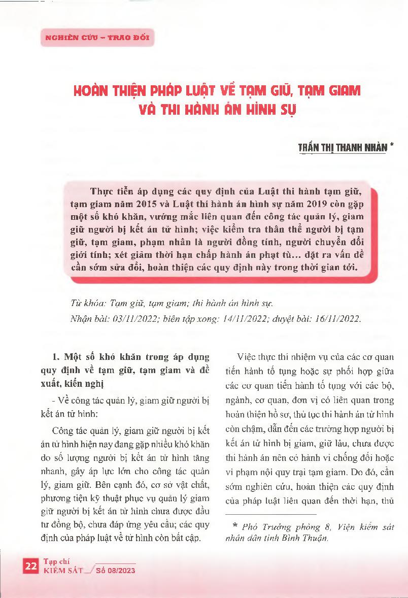 Hoàn thiện pháp luật về tạm giữ, tạm giam và thi hành án hình sự