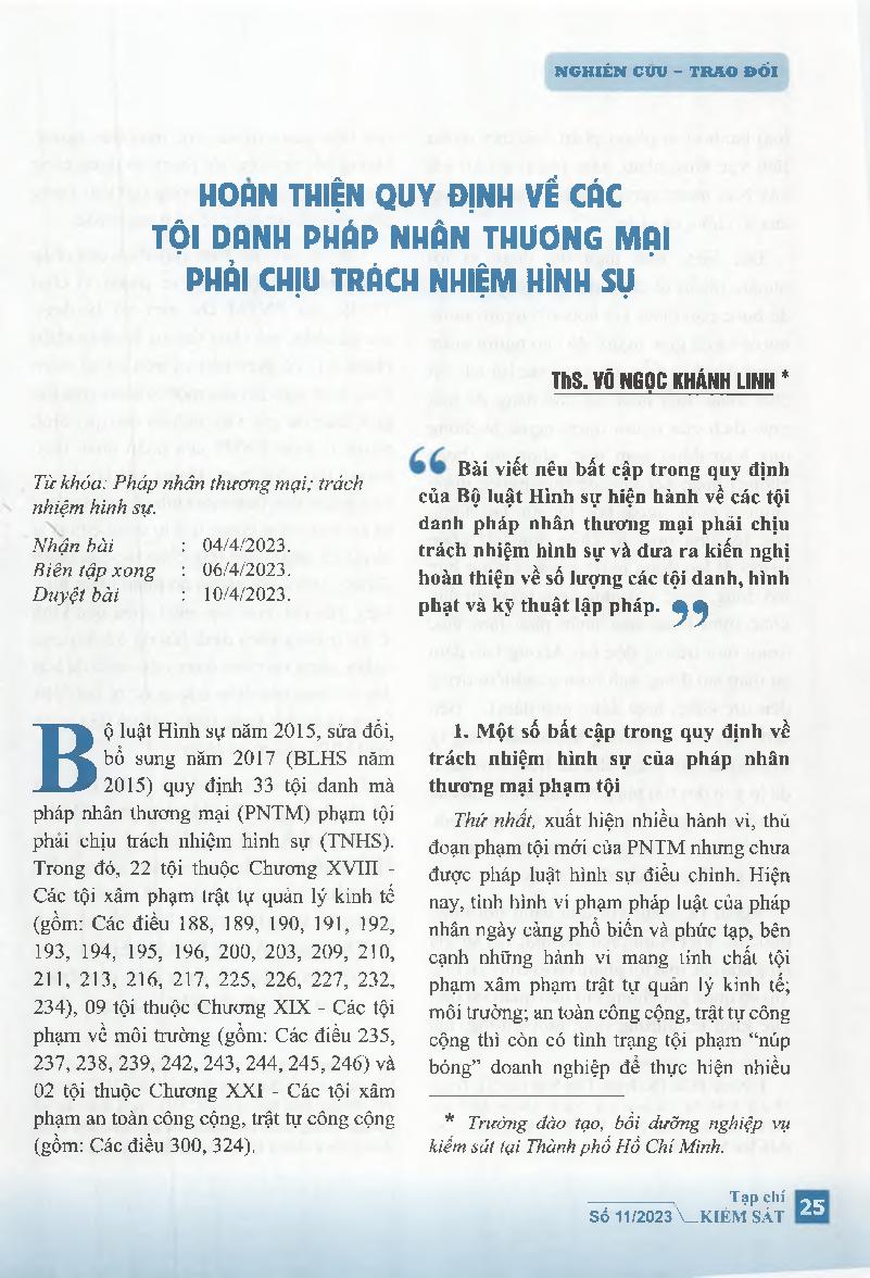 Hoàn thiện quy định về các tội danh pháp nhân thương mại phải chịu trách nhiệm hình sự