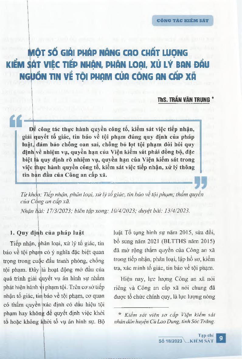 Một số giải pháp nâng cao chất lượng kiểm sát việc tiếp nhận, phân loại, xử lý ban đầu nguồn tin về tội phạm của công an cấp xã