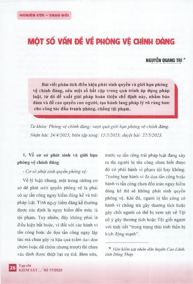 Một số vấn đề về phòng vệ chính đáng