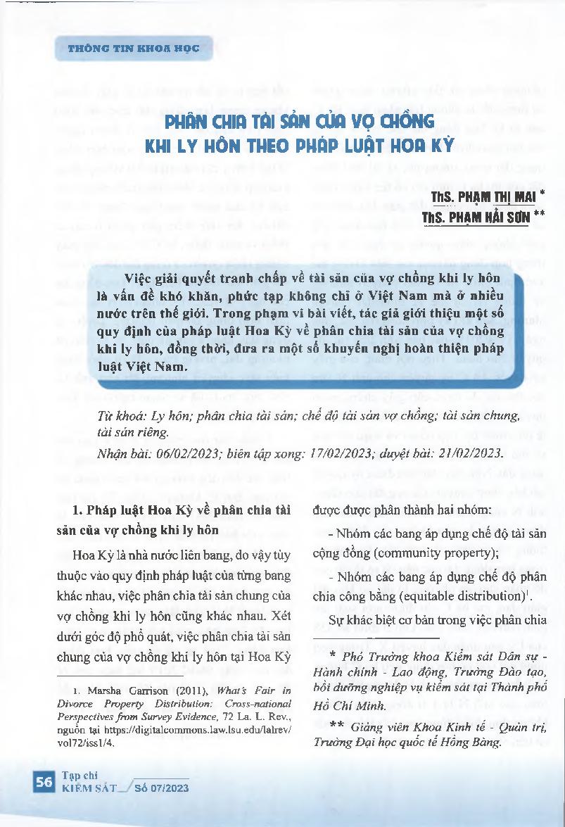 Phân chia tài sản của vợ chồng khi ly hôn theo pháp luật Hoa Kỳ