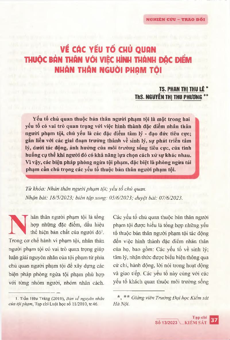 Về các yếu tố chủ quan thuộc bản thân với việc hình thành đặc điểm nhân thân người phạm tội