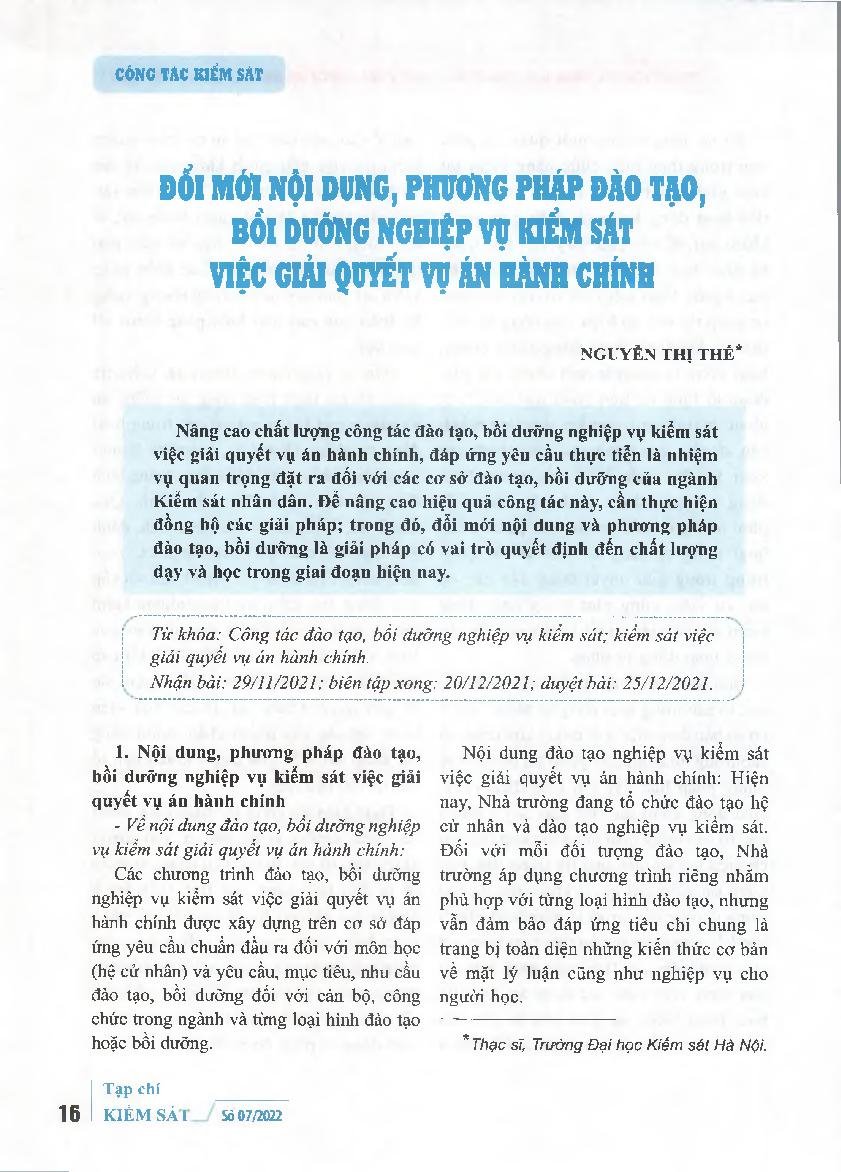 Đổi mới nội dung, phương pháp đào tạo, bồi dưỡng nghiệp vụ kiểm sát việc giải quyết vụ án hành chính