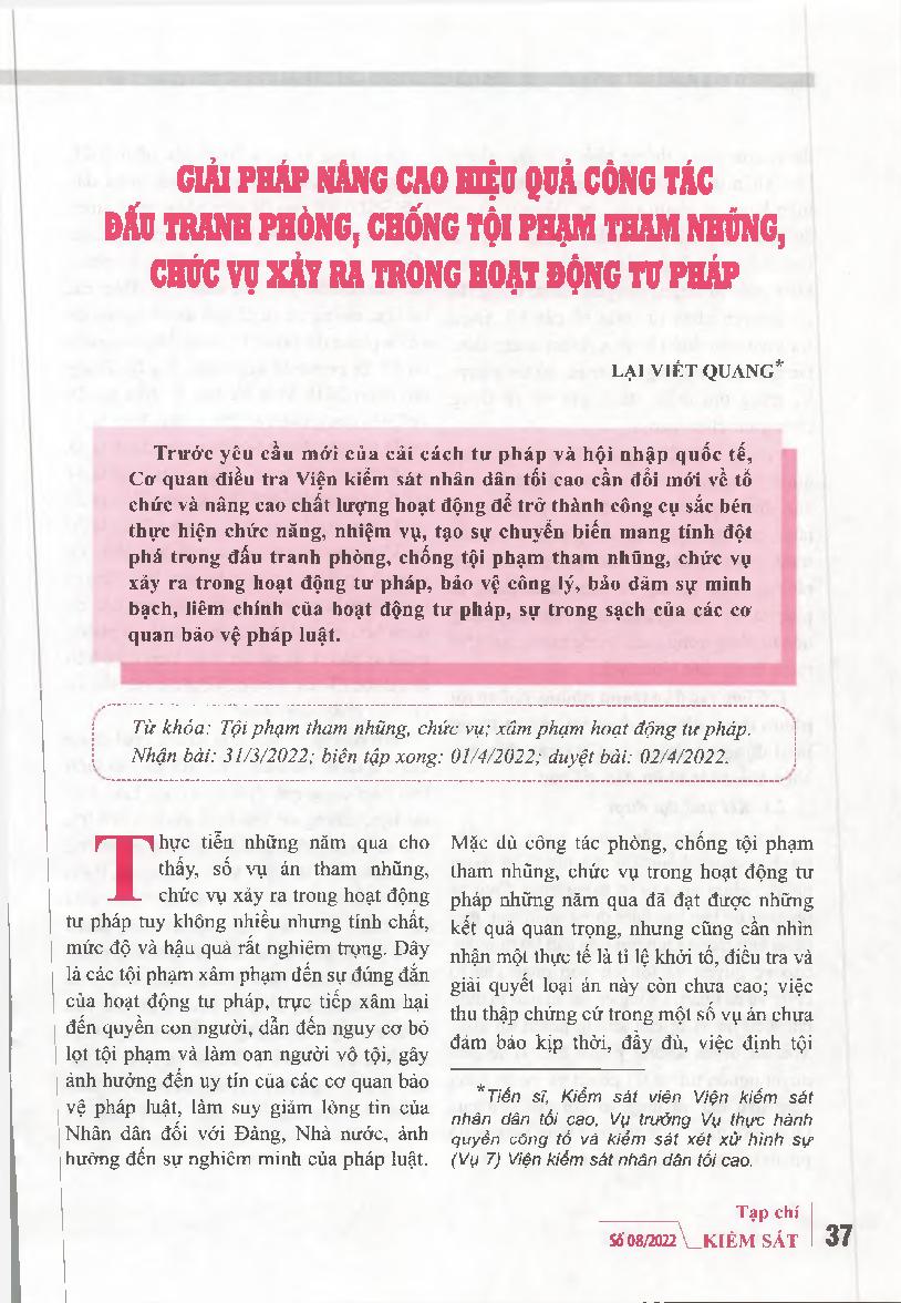 Giải pháp nâng cao hiệu quả công tác đấu tranh phòng, chống tội phạm tham nhũng, chức vụ xảy ra trong hoạt động tư pháp