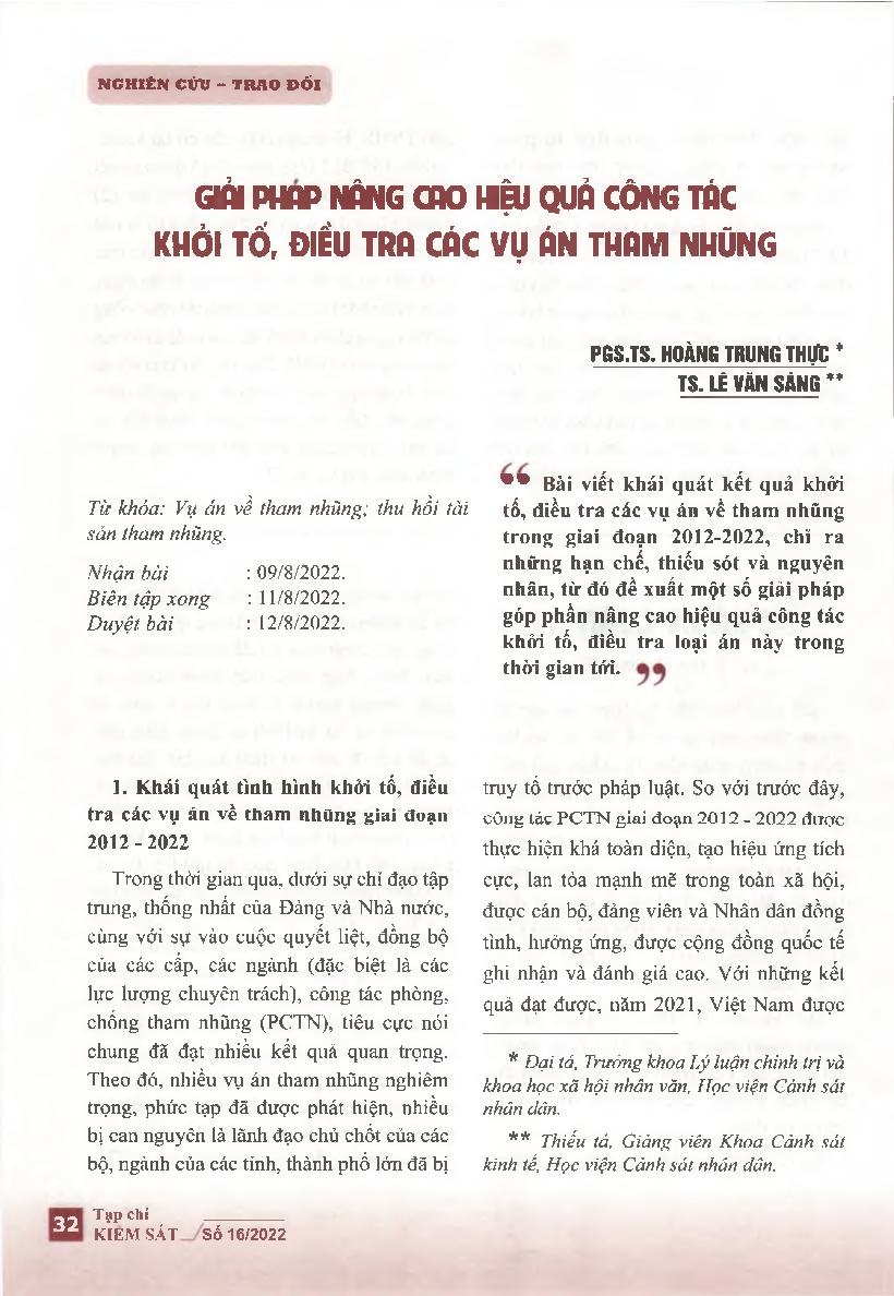 Giải pháp nâng cao hiệu quả công tác khởi tố, điều tra các vụ án tham nhũng