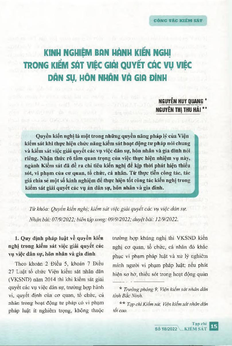 Kinh nghiệm ban hành kiến nghị trong kiểm sát việc giải quyết các vụ việc dân sự, hôn nhân và gia đình