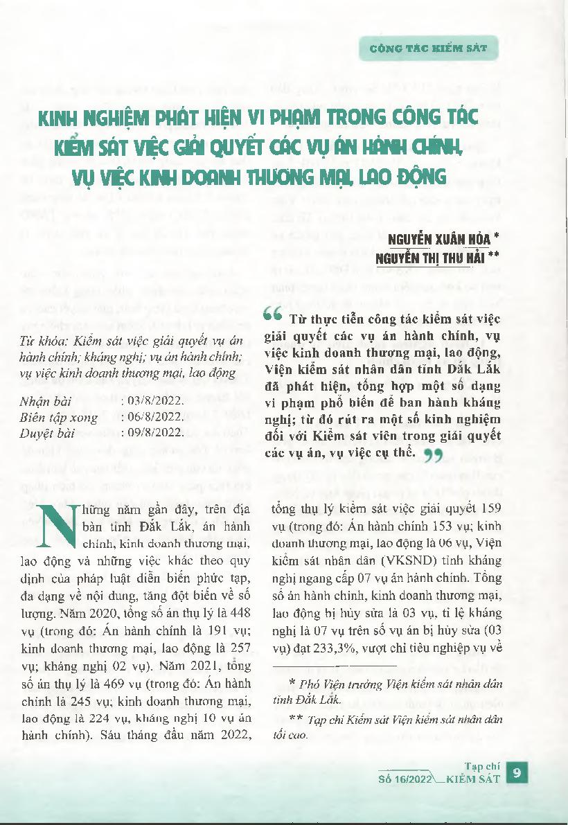 Kinh nghiệm phát hiện vi phạm trong công tác kiểm sát việc giải quyết các vụ án hành chính, vụ việc kinh doanh thương mại, lao động