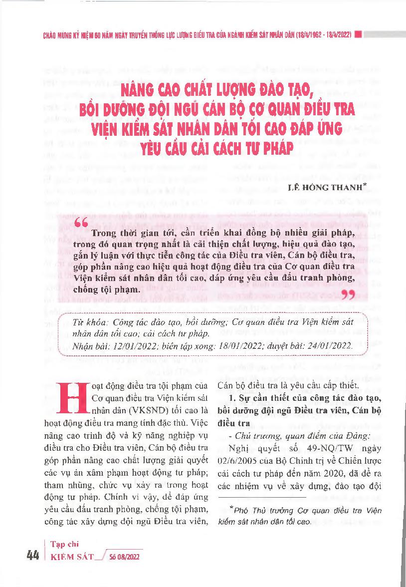 Nâng cao chất lượng đào tạo, bồi dưỡng đội ngũ cán bộ cơ quan điều tra viện kiểm sát nhân dân tối cao đáp ứng yêu cầu cải cách tư pháp