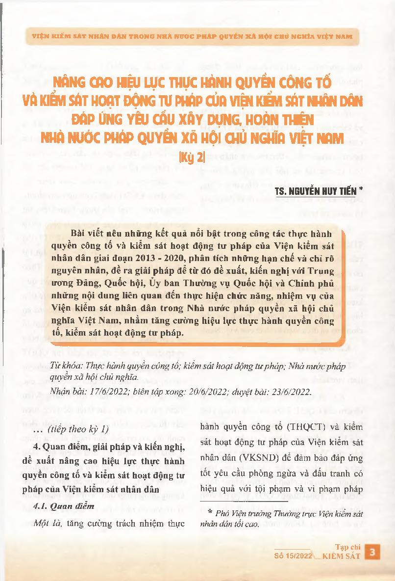 Nâng cao hiệu lực thực hành quyền công tố và kiểm sát hoạt động tư pháp của Viện kiểm sát nhân dân đáp ứng yêu cầu xây dựng, hoàn thiện Nhà nước pháp quyền xã hội chủ nghĩa Việt Nam (Kỳ 2