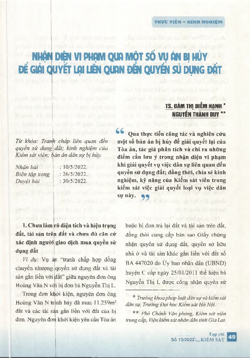 Nhận diện vi phạm qua một số vụ án bị hủy để giải quyết lại liên quan đến quyền sử dụng đất = Violations identification through some canceled cases for resolving related to land use rights