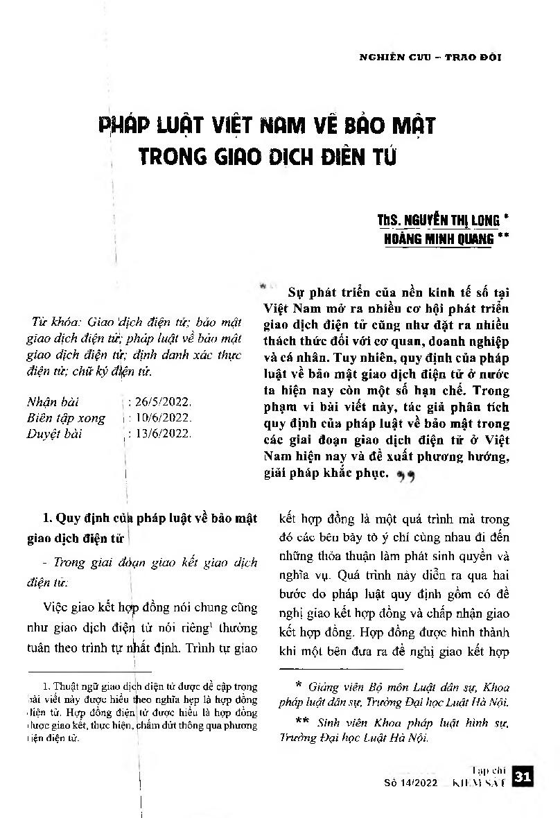 Pháp luật Việt Nam về bảo mật trong giao dịch điện tử = Vietnamese laws on security in electronic transactions