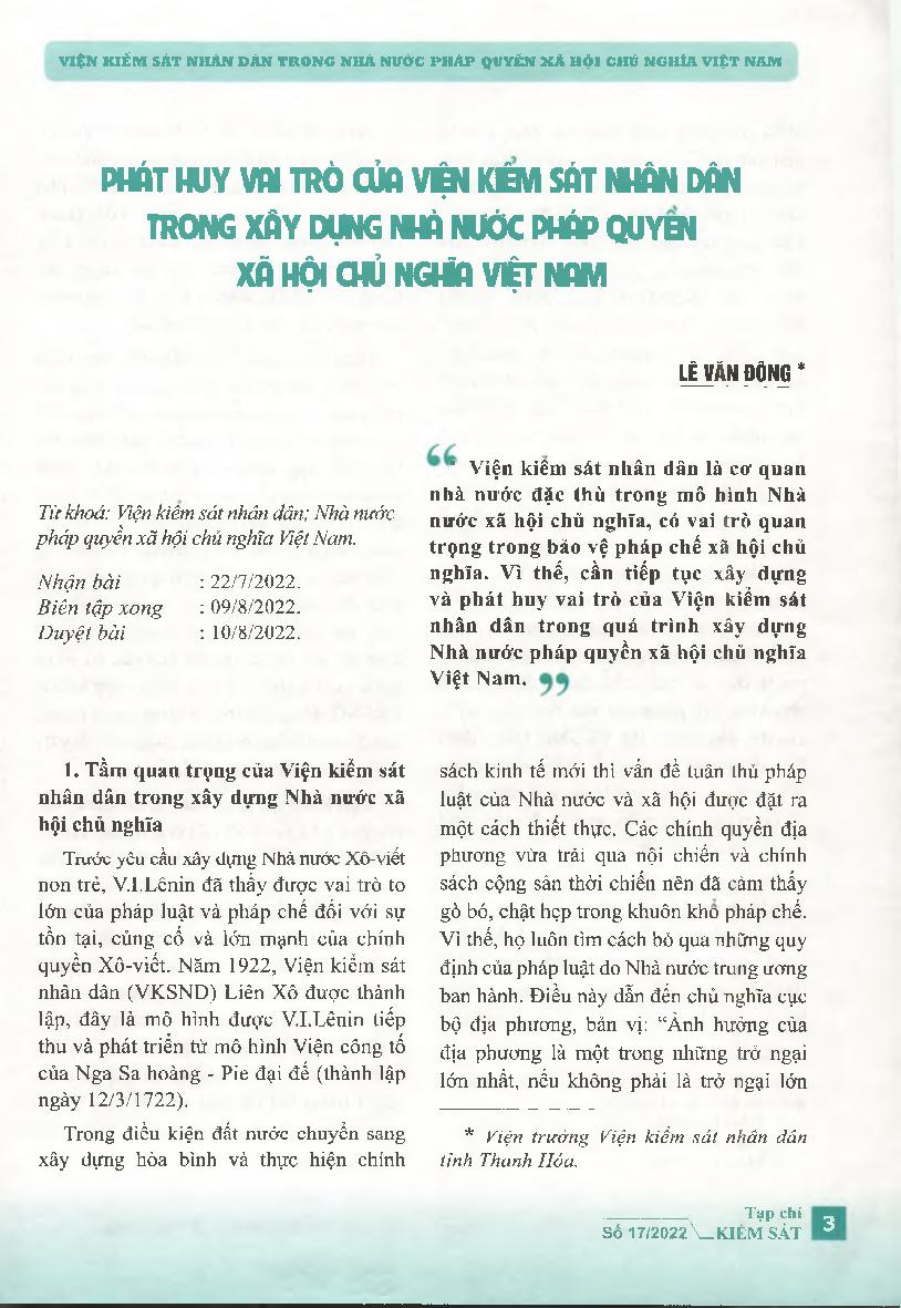 Phát huy vai trò của Viện kiểm sát nhân dân trong xây dựng Nhà nước pháp quyền xã hội chủ nghĩa Việt Nam